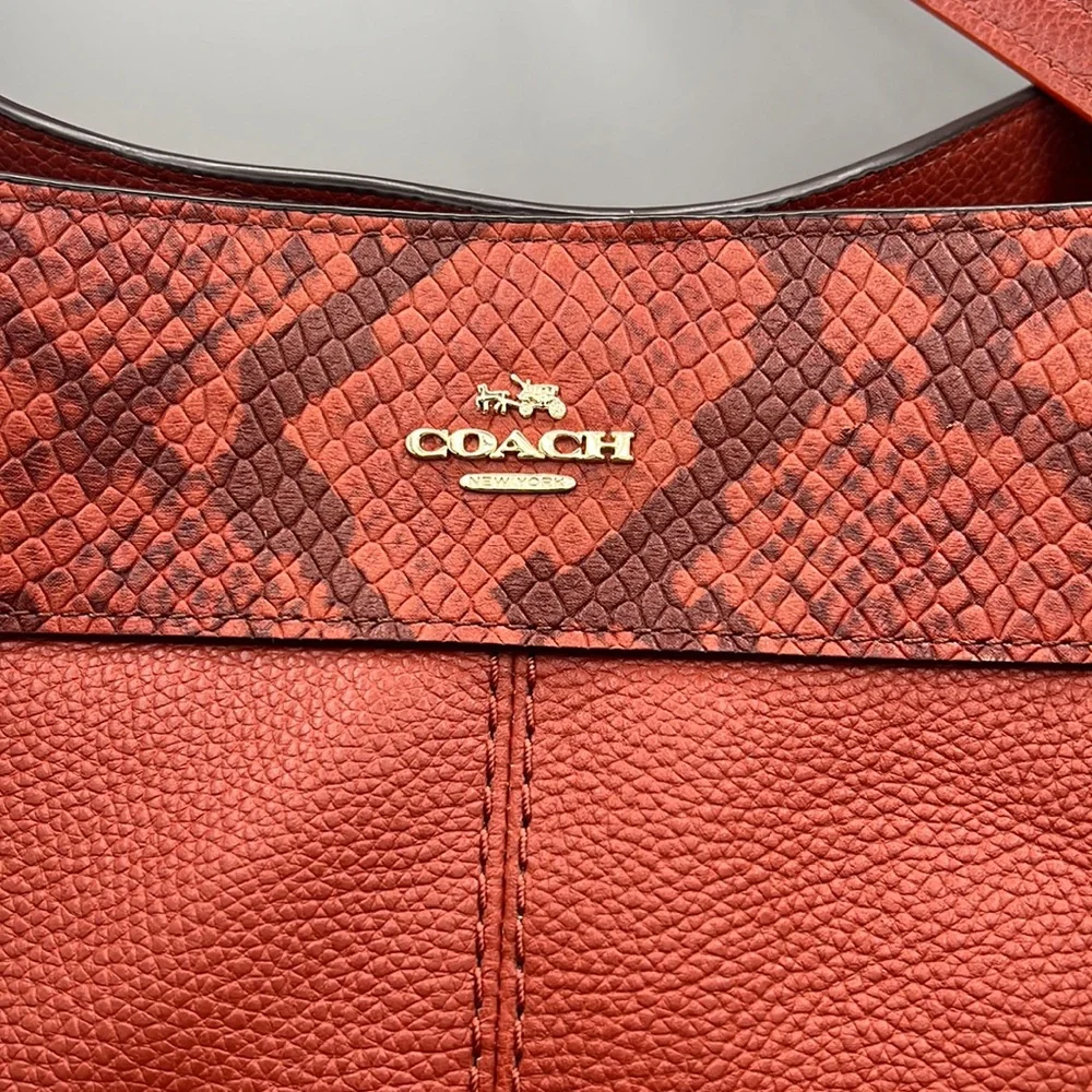 Coach Lexy Orange/Cognac Pebbled Leather Python Embossed Trim Gold Tone Hardware - Picture 2 of 15